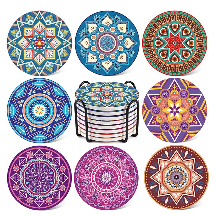 Mandala Style Absorbent Ceramic Bibe Coasters Set